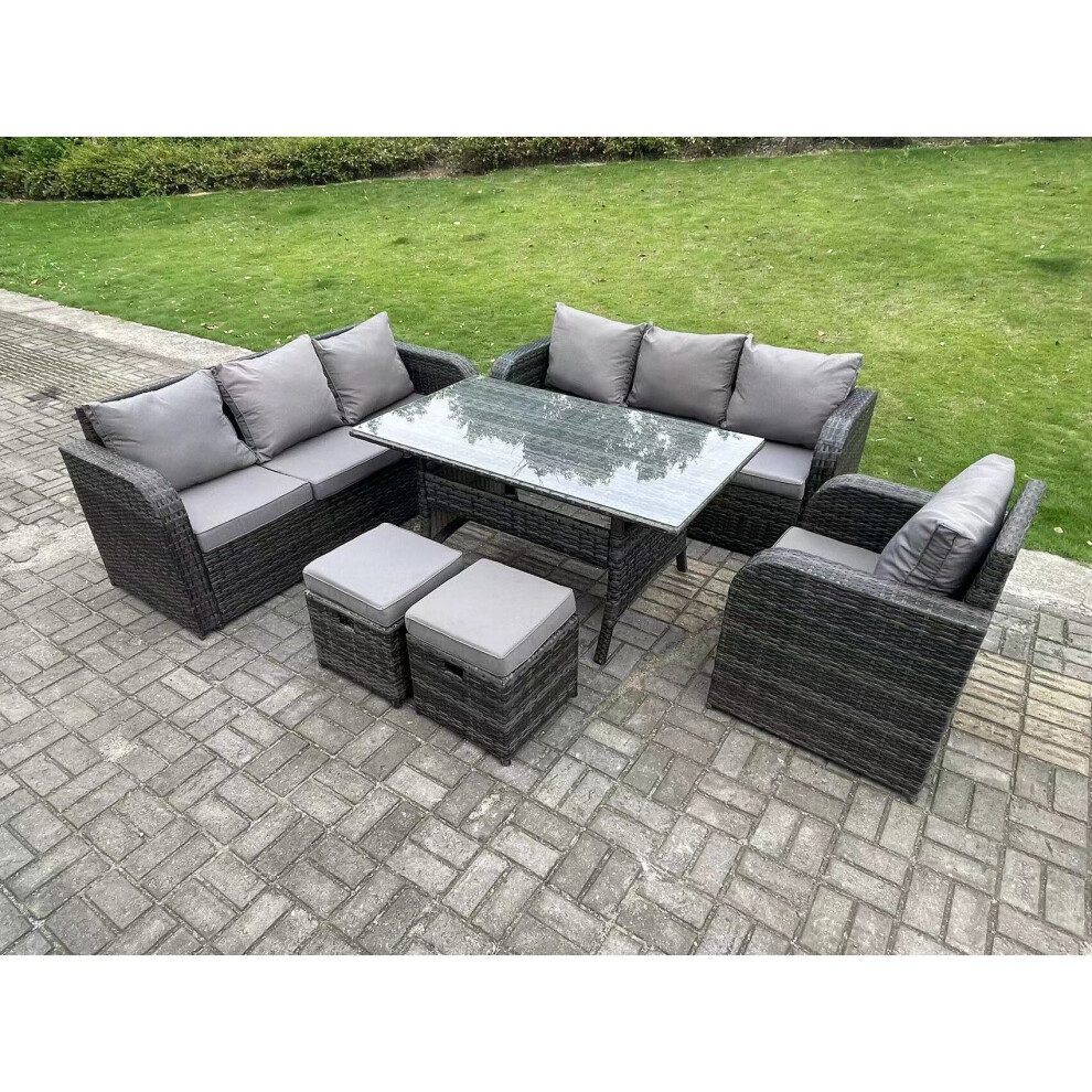 Fimous 9 Seater Rattan Garden Furniture Set Reclining Chair Lounge Sofa 3 Seater Sofa Set Outdoor Rectangular Dining Table