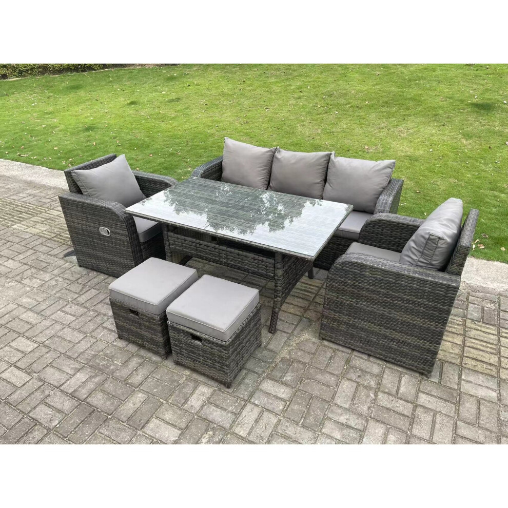 Fimous Dark Grey PE Rattan Garden Furniture Set 3 Seater Lounge Sofa Reclining Chair Outdoor Rectangular Dining Table