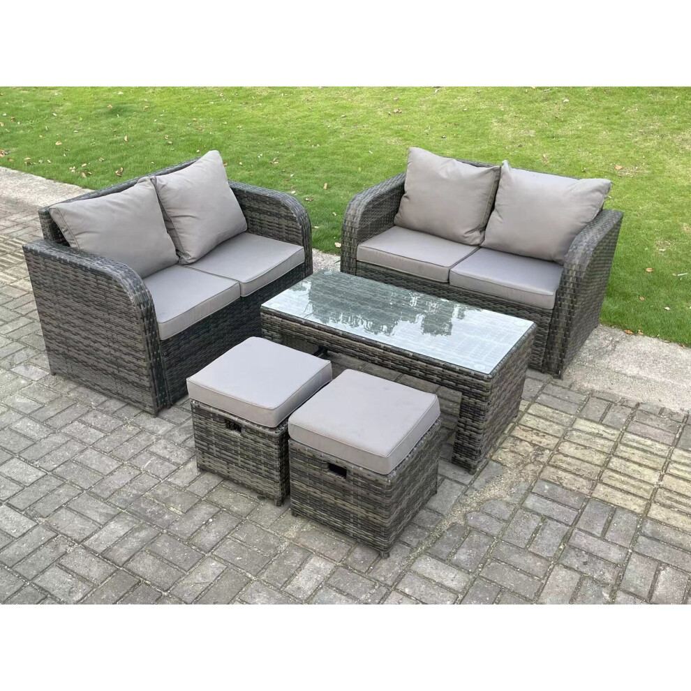 Fimous Dark Grey  Rattan Garden Furniture Set Love Sofa 2 Seater Sofa Set Outdoor Rectangular Coffee Table 6 Seater