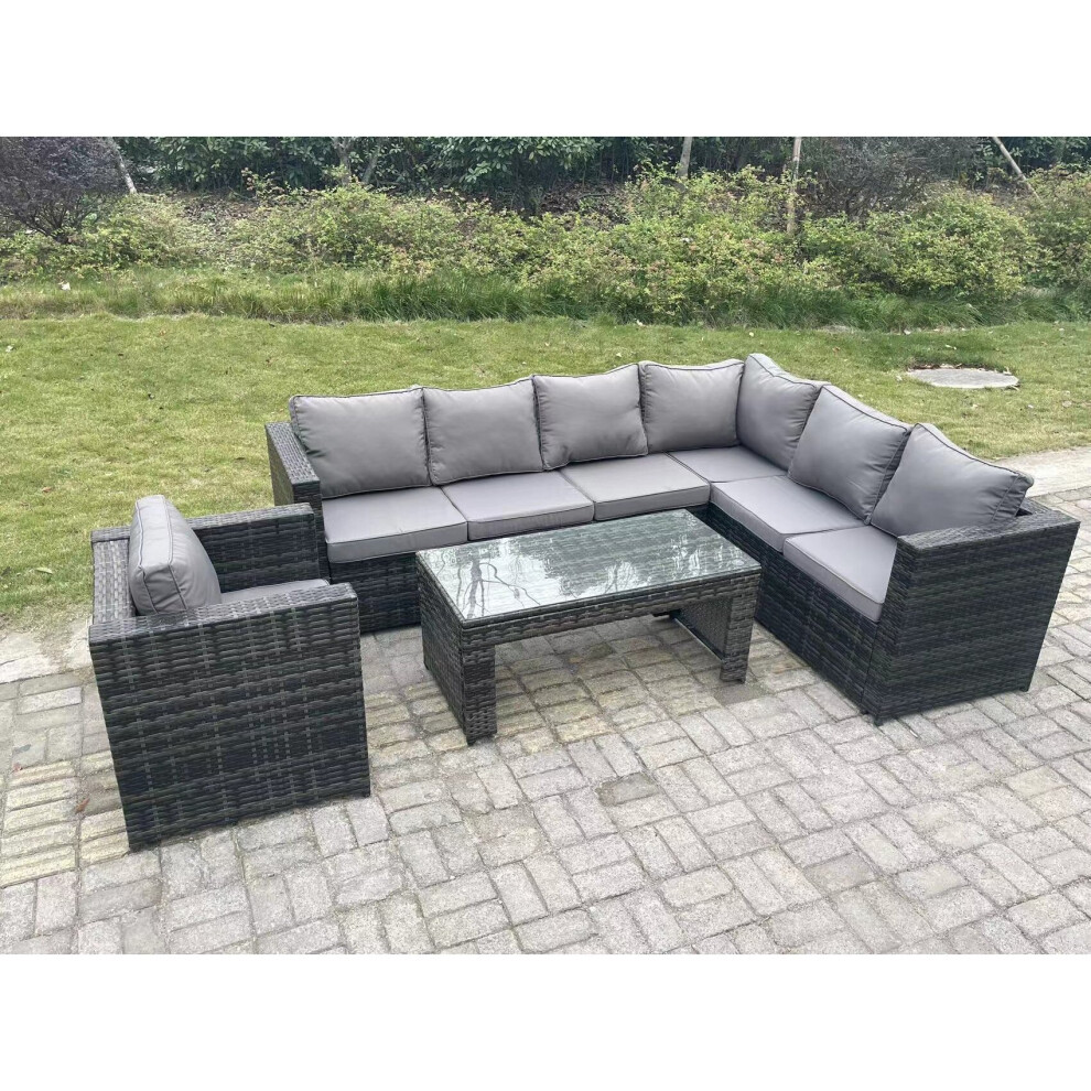 Fimous 7 Seater Rattan Corner Sofa Lounge Sofa Set With Rectangular Coffee Table With Arm Chair Dark Mixed Grey