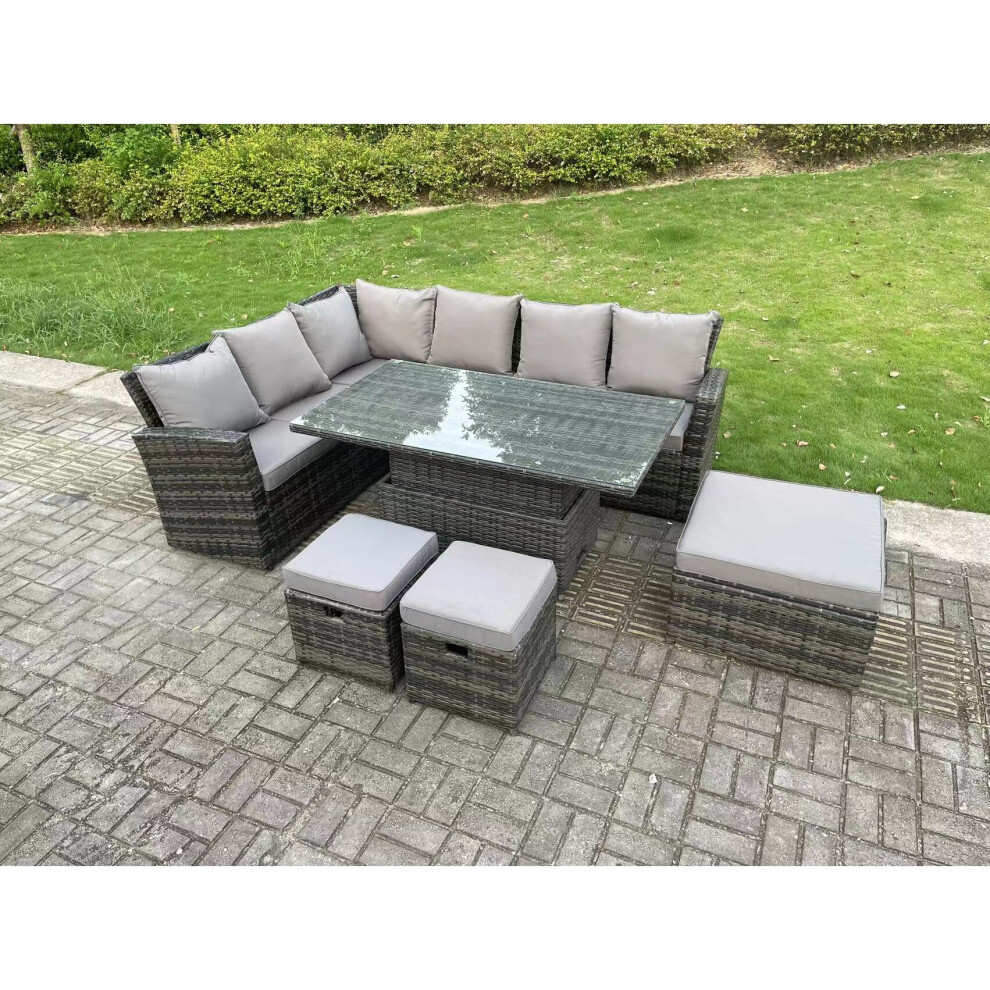 Rackhams Dark/Grey 9 Seater High Back?Outdoor Rattan Adjustable Rising Lifting Dining Table Corner Sofa Set Garden Furniture Footstools Mixed Left Hand - Image 3