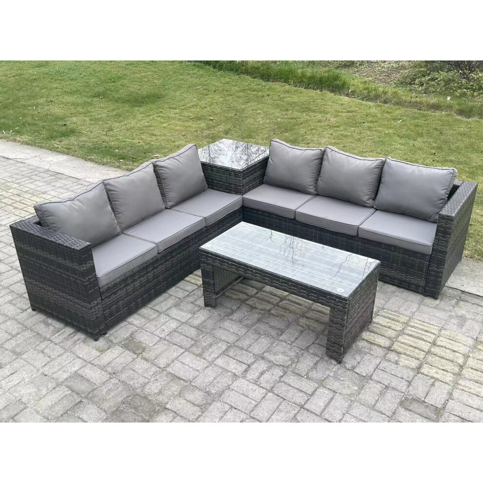 Fimous 6 Seater Rattan Corner Sofa Set With Square Side Table And Oblong Rectangular Coffee Tea Table Dark Mixed Grey
