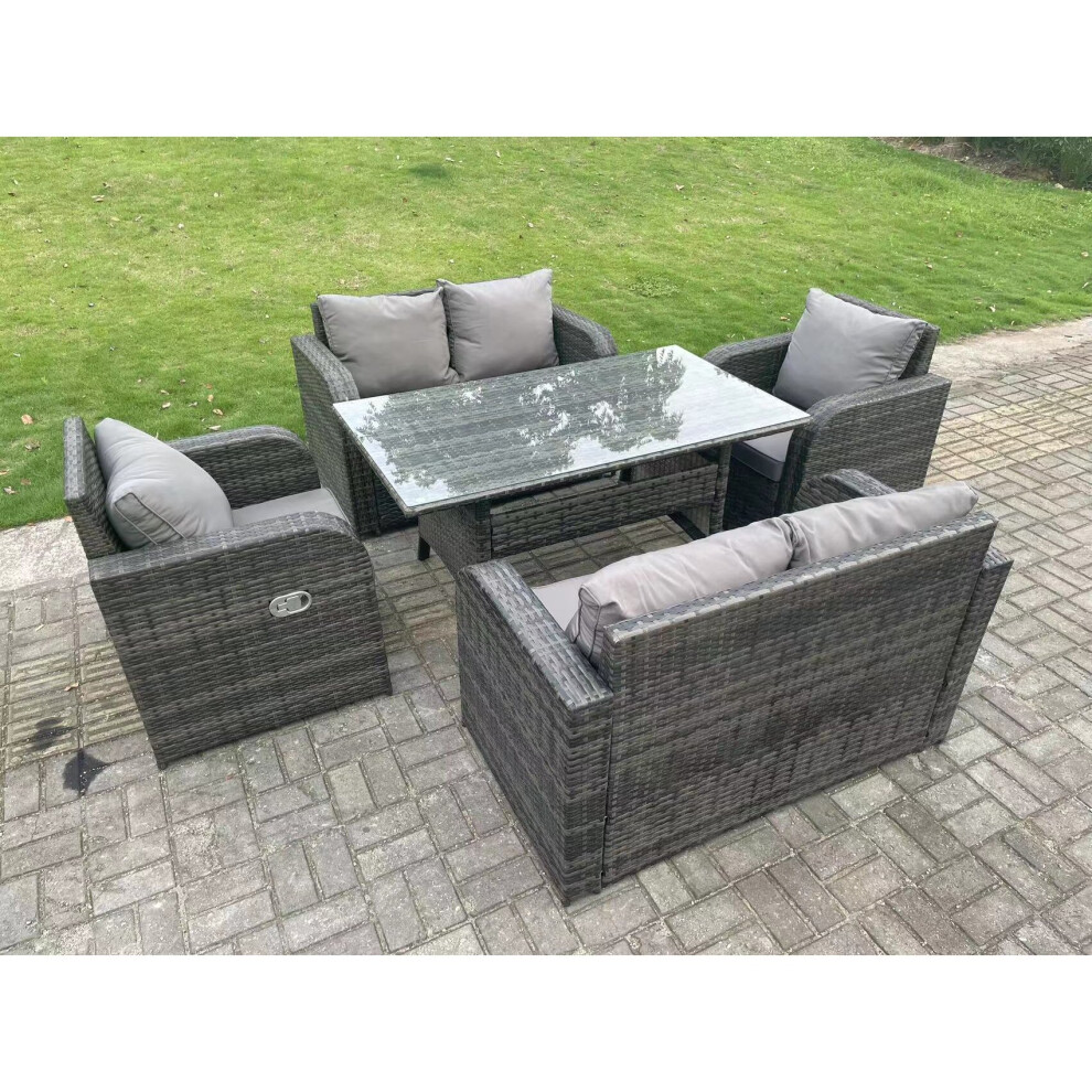 Fimous 6 Seater Rattan Garden Furniture Set Reclining Chair 2 Seater Love Sofa Set Outdoor Rectangular Dining Table