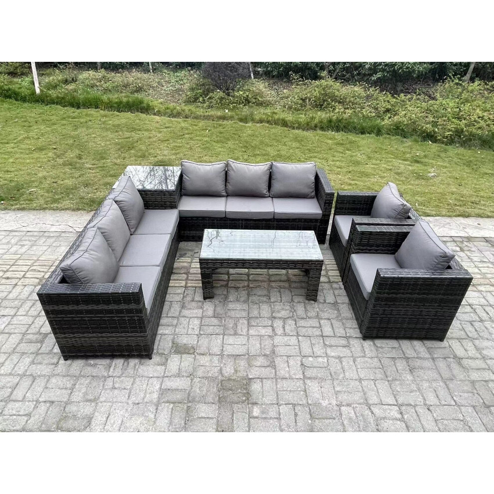 Fimous 8 Seater Rattan Corner Sofa Set With Square Side Table And Oblong Rectangular Coffee Tea Table 2 PC Arm Chair Dark Grey-image-OPC-PBZ6XNC-NEW