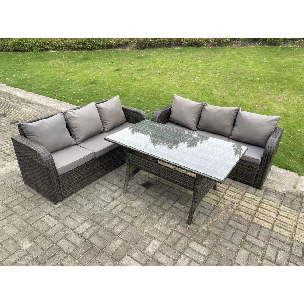 Fimous Dark Grey Pe Rattan Garden Furniture Set Lounge Sofa 3 Seater Sofa Set Outdoor Rectangular Dining Table 6 Seater