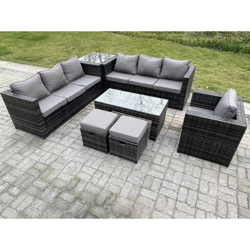 Fimous Outdoor Rattan Garden Furniture Lounge Sofa Set With Oblong Rectagular Coffee Table Coffee Table 2 Stools