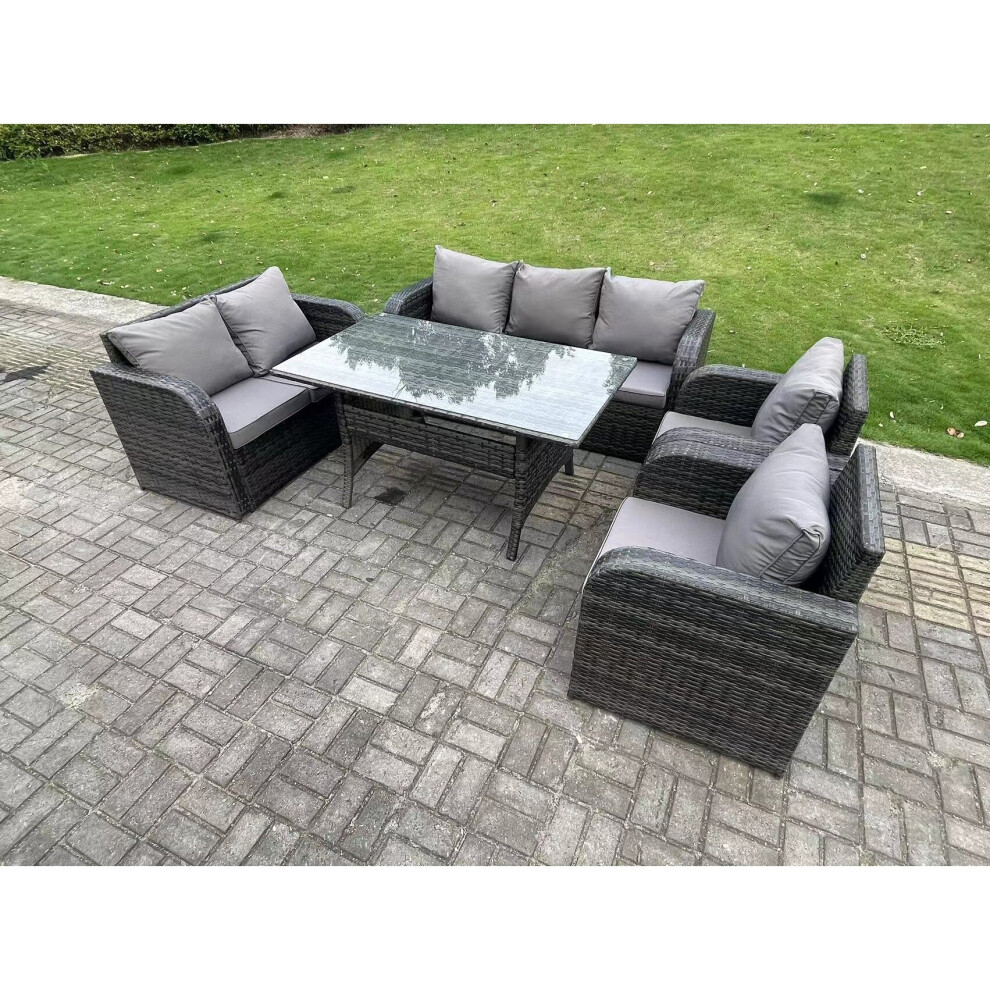 Fimous 7 Seater Dark Grey PE Rattan Garden Furniture Set Reclining Chair Love Seat 3 Seater Sofa Set Outdoor Dining Table