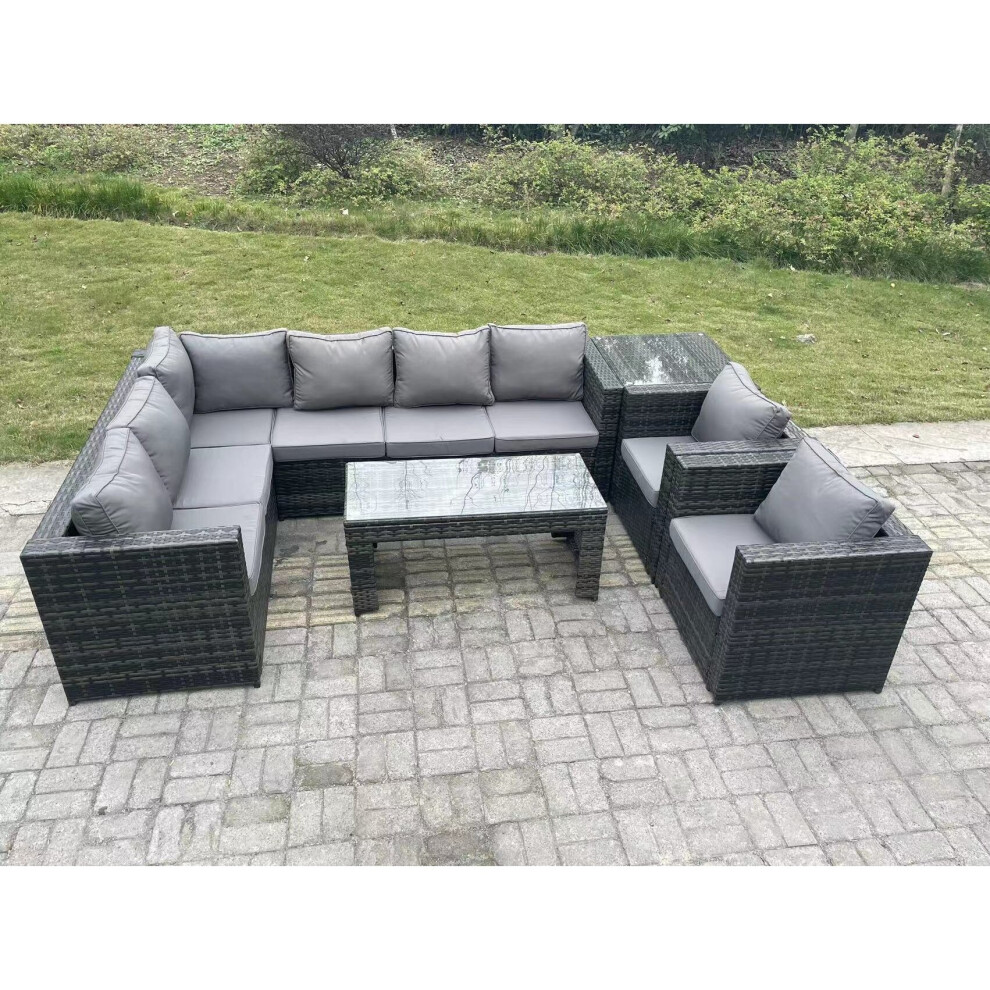 Fimous 8 Seater Rattan Corner Sofa Lounge Sofa Set With Rectangular Coffee Table Side Table 2 Arm Chair Left Hand Grey