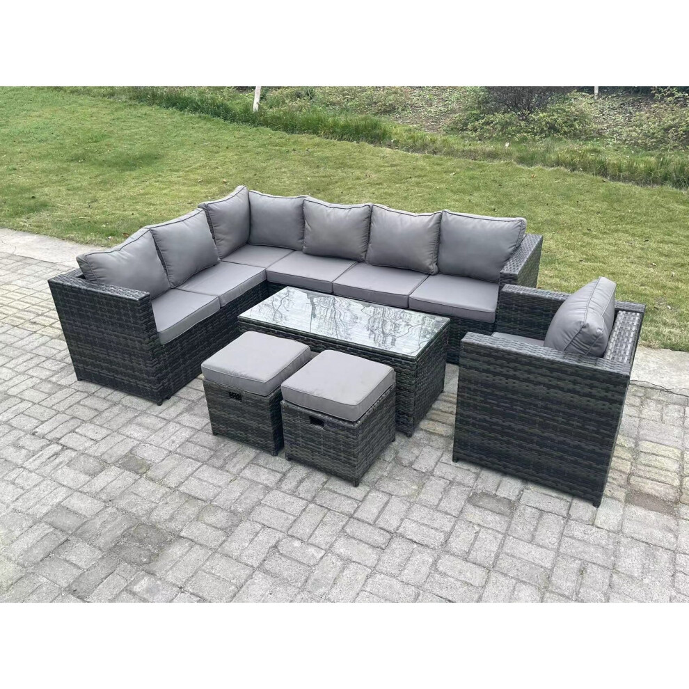 Fimous Unisex Dark Grey Seater Rattan Corner Sofa Lounge Sofa Set With Rectangular Coffee Table 2 Stool Left Hand In Size 9 - Image 3