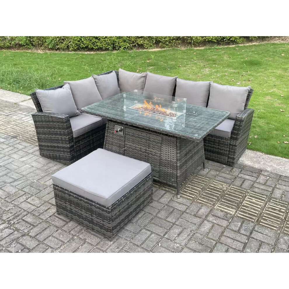 7 Seater High Back Rattan Gas Fire Pit Corner Sofa Dining Set Garden Furniture Heater Dining Table Left Side