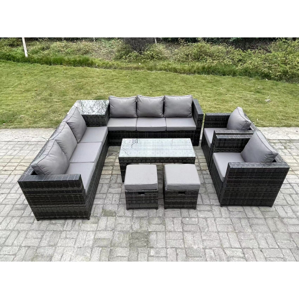 B&Q - 10 Seater Rattan Corner Sofa Set With Square Side Table And Oblong Rectangular Coffee Tea Table 2 Pc Arm Chair Stools - Image 3