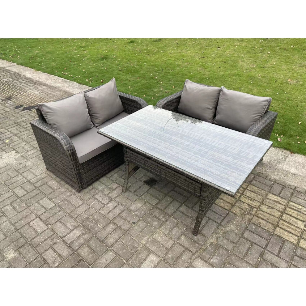 Fimous Dark Grey PE Rattan Garden Furniture Set Love Sofa 2 Seater Sofa Set Outdoor Rectangular Dining Table 4 Seater