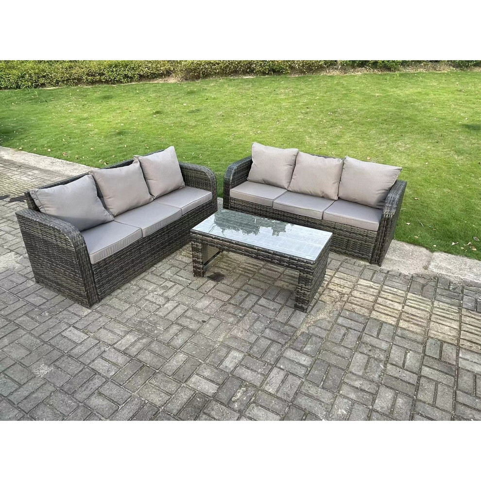Fimous PE High Back Rattan Garden Furniture Set Lounge Sofa 3 Seater Sofa Set Outdoor Coffee Table 6 Seater Dark Grey