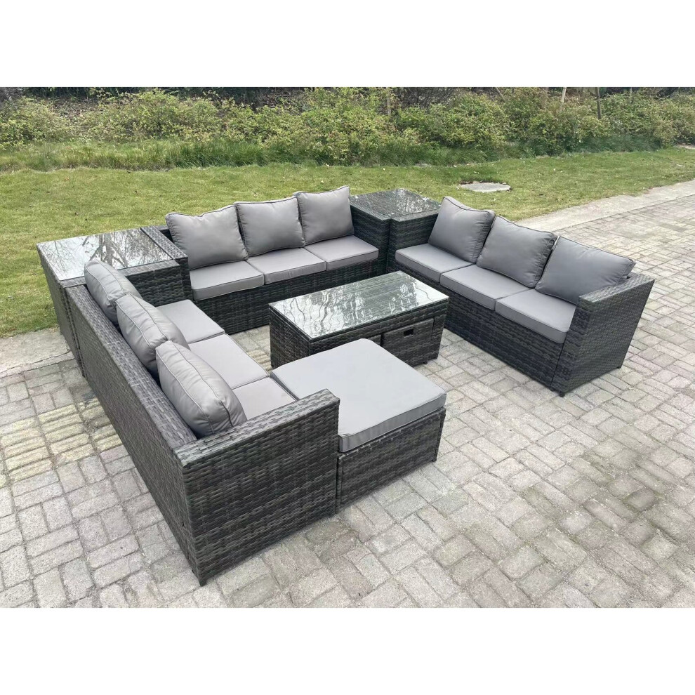 Fimous Outdoor Rattan Garden Furniture Lounge Sofa Set Oblong Rectagular Coffee Table Big Footstool And 2 Small Stools