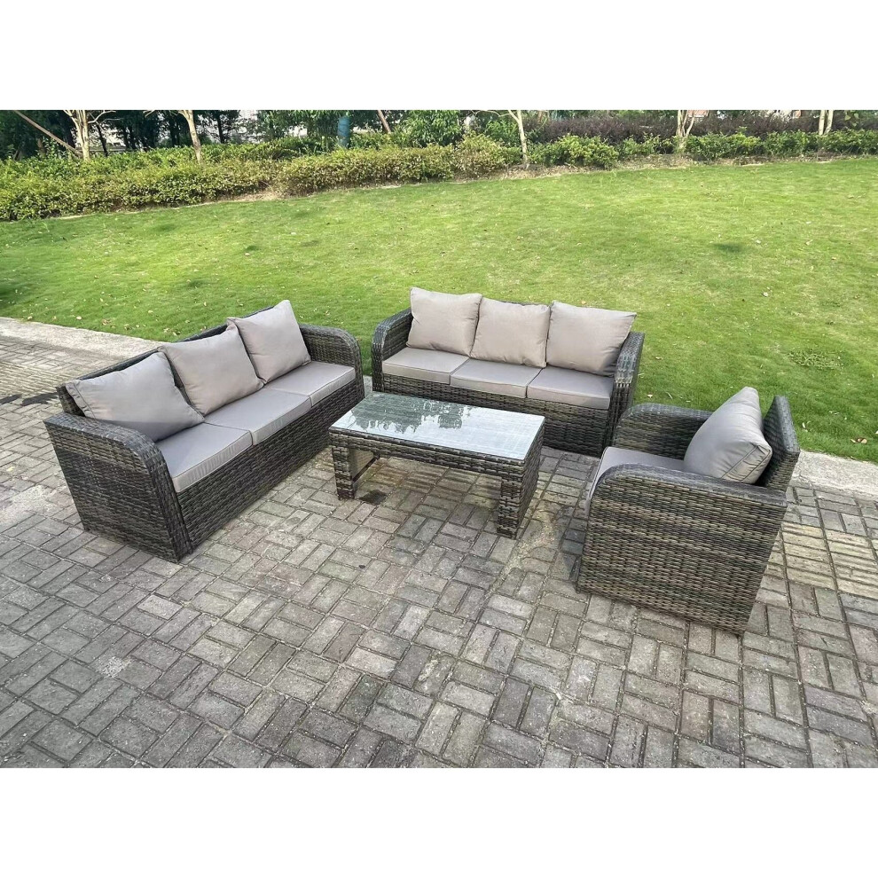 Fimous 7 Seater Dark Grey PE High Back Rattan Garden Furniture Set Reclining Chair Lounge 3 Seater Sofa Set Coffee Table