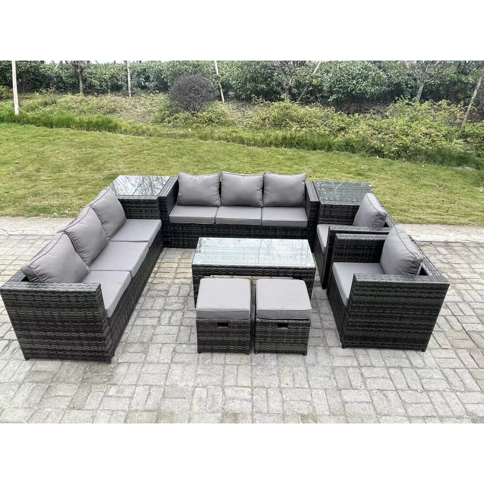 Fimous Outdoor Rattan Garden Furniture Lounge Sofa Set With Oblong Rectagular Coffee Table 2 Side Coffee Table