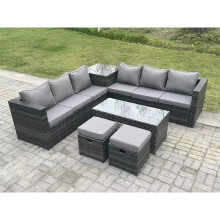 Fimous 8-Seater Dark Grey Rattan Corner Sofa Set with Square Side Table, Oblong Coffee Table & 2 Stools - Durable Outdoor Patio Furniture