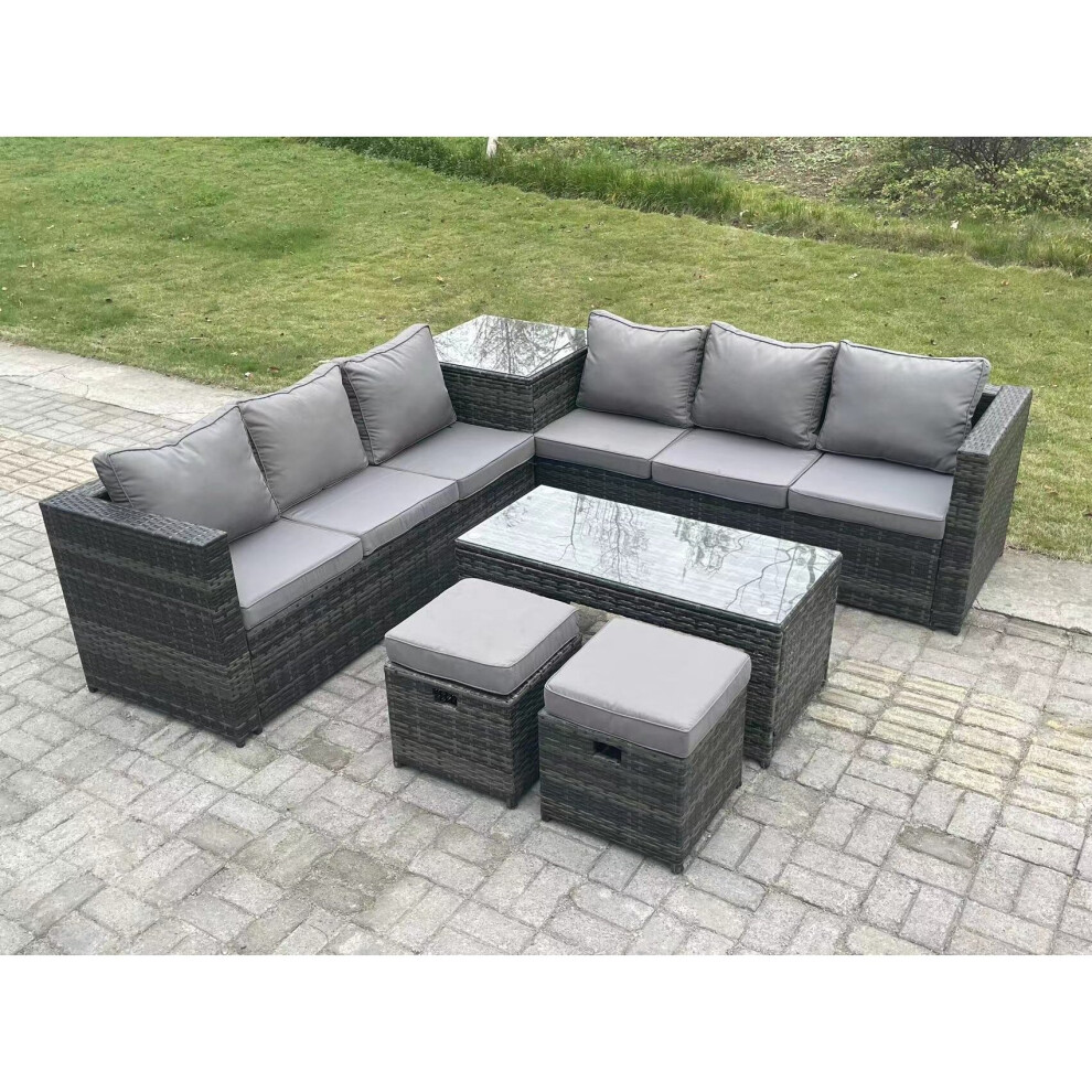 Fimous 8-Seater Dark Grey Rattan Corner Sofa Set With Square Side Table, Oblong Coffee Table & 2 Stools - Durable Outdoor Patio Furniture