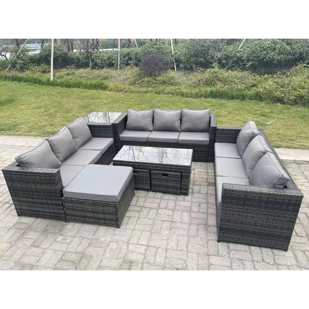 Fimous Outdoor Rattan Garden Furniture Lounge Sofa Set With Oblong Rectagular Coffee Table Big Footstool And Side Table