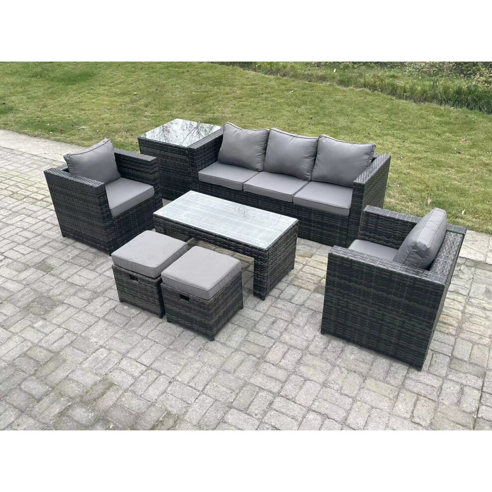 Fimous Lounge Rattan Sofa Set Outdoor Garden Furniture Oblong Rectangular Coffee Table 2 Stools Extra Side Table