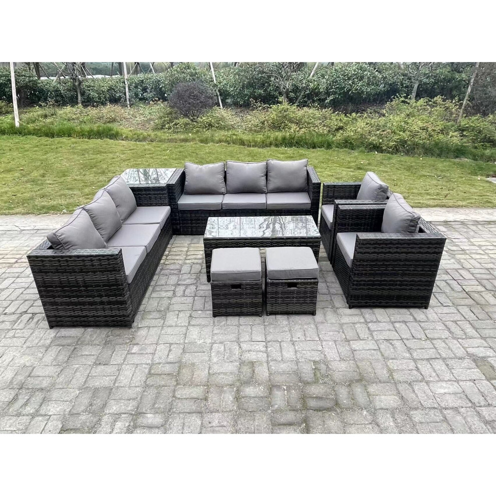 Fimous Outdoor Rattan Garden Furniture Lounge Sofa Set With Oblong Rectagular Coffee Table Side Coffee Table 2 Stools