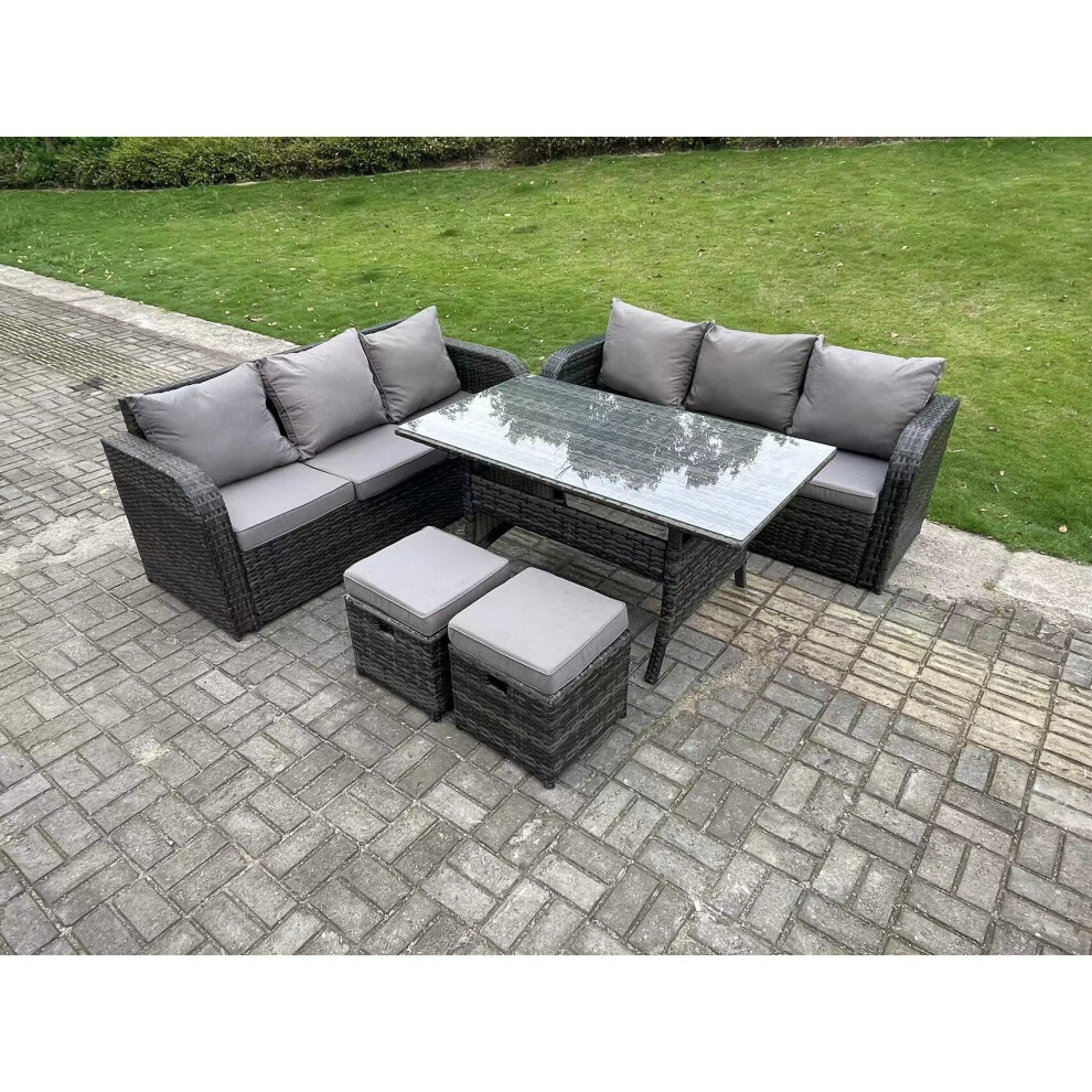 Fimous Rattan Garden Furniture Set Lounge Sofa 3 Seater Sofa Set Outdoor Rectangular Dining Table With 2 Stools 8 Seater Grey