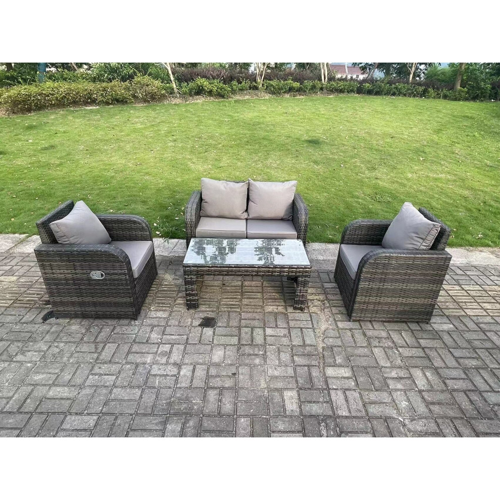 Fimous Dark Grey PE Wicker Rattan Garden Furniture Set Love Sofa Reclining Chair Outdoor Coffee Table 4 Seater