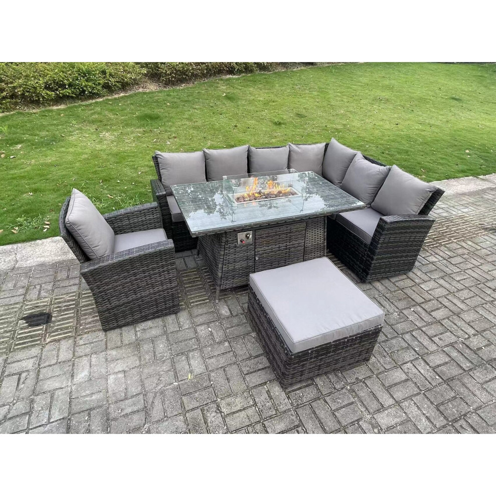 Fimous 8 Seater Outdoor Rattan Gas Fire Pit Sofa Dining Set Garden Furniture Heater Dining Table Chair  Right Side