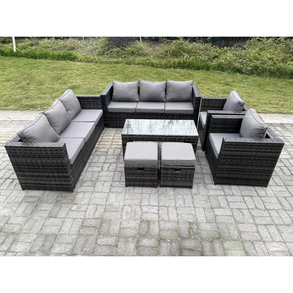 Fimous Dark/Grey 10 Seater Rattan Garden Furniture Set With 2 Sofas, Rectangular Coffee Table, 2 Chairs & 2 Stools - Image 3