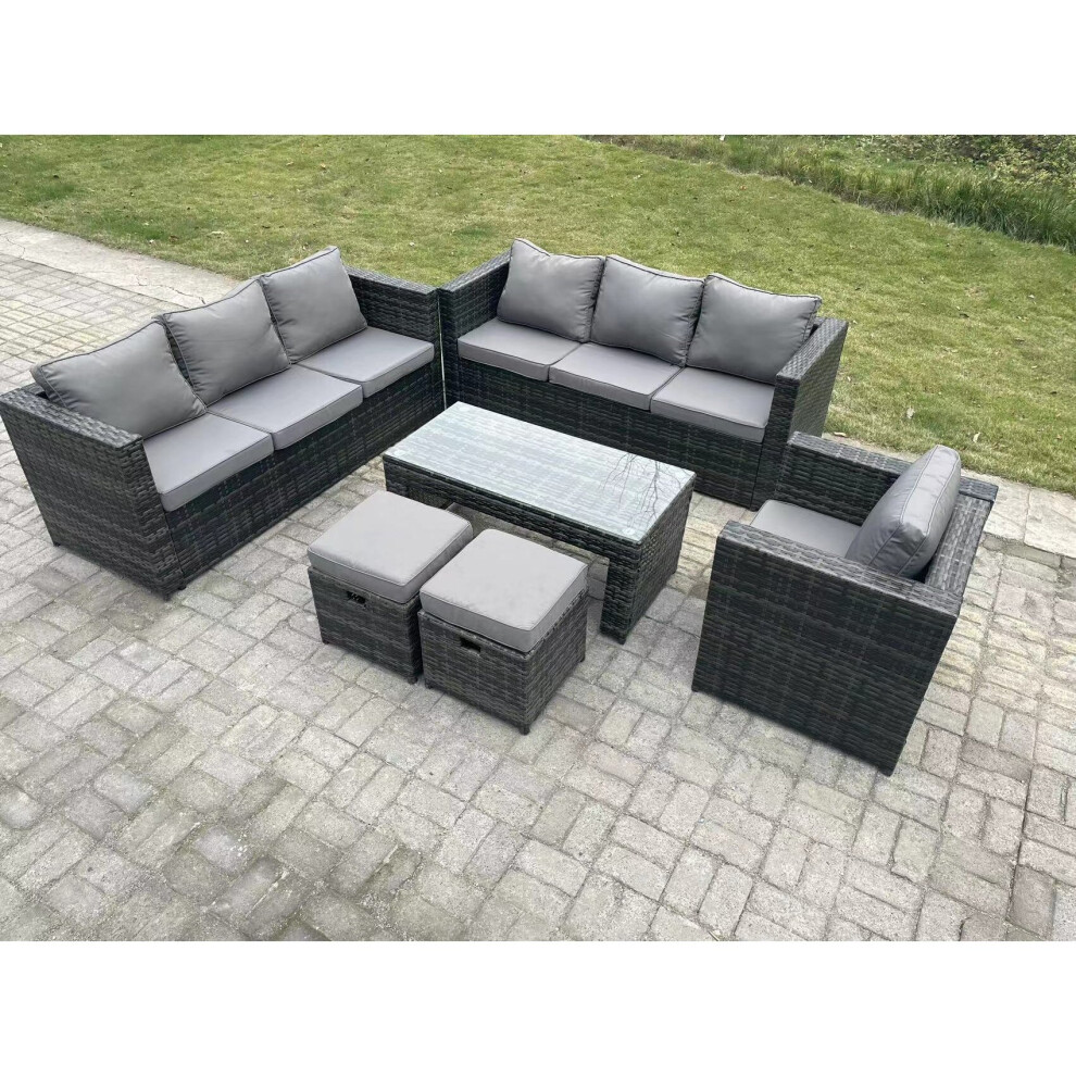 Outdoor Rattan Garden Furniture Lounge Sofa Set With Oblong Rectagular Coffee Table 2 Stools