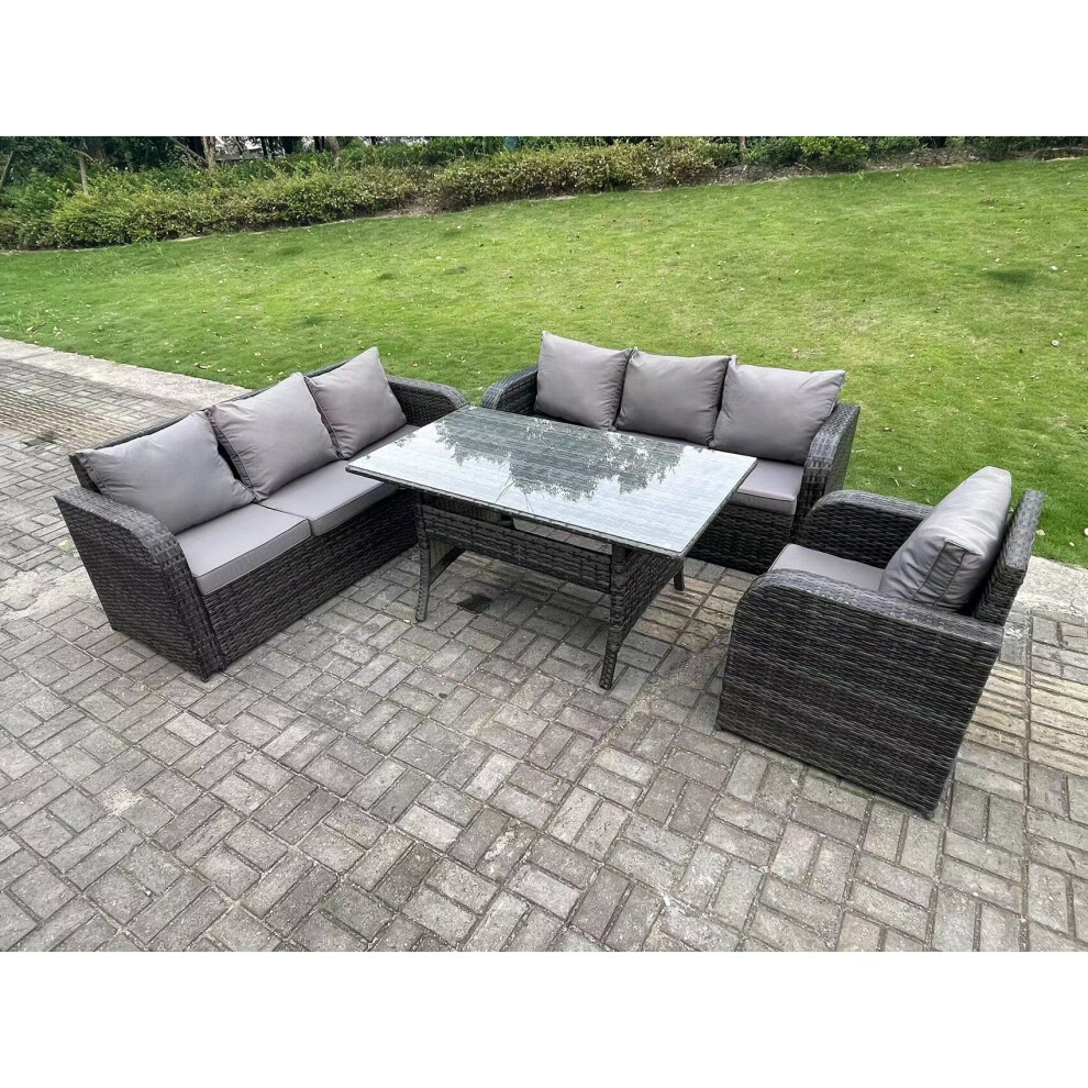 Fimous 7 Seater Dark Grey PE Rattan Garden Furniture Set Reclining Chair Lounge Sofa 3 Seater Sofa Set Dining Table