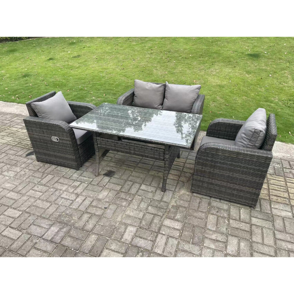 Fimous Dark Grey PE Rattan Garden Furniture Set Love Sofa Reclining Chair Outdoor Rectangular Dining Table 4 Seater