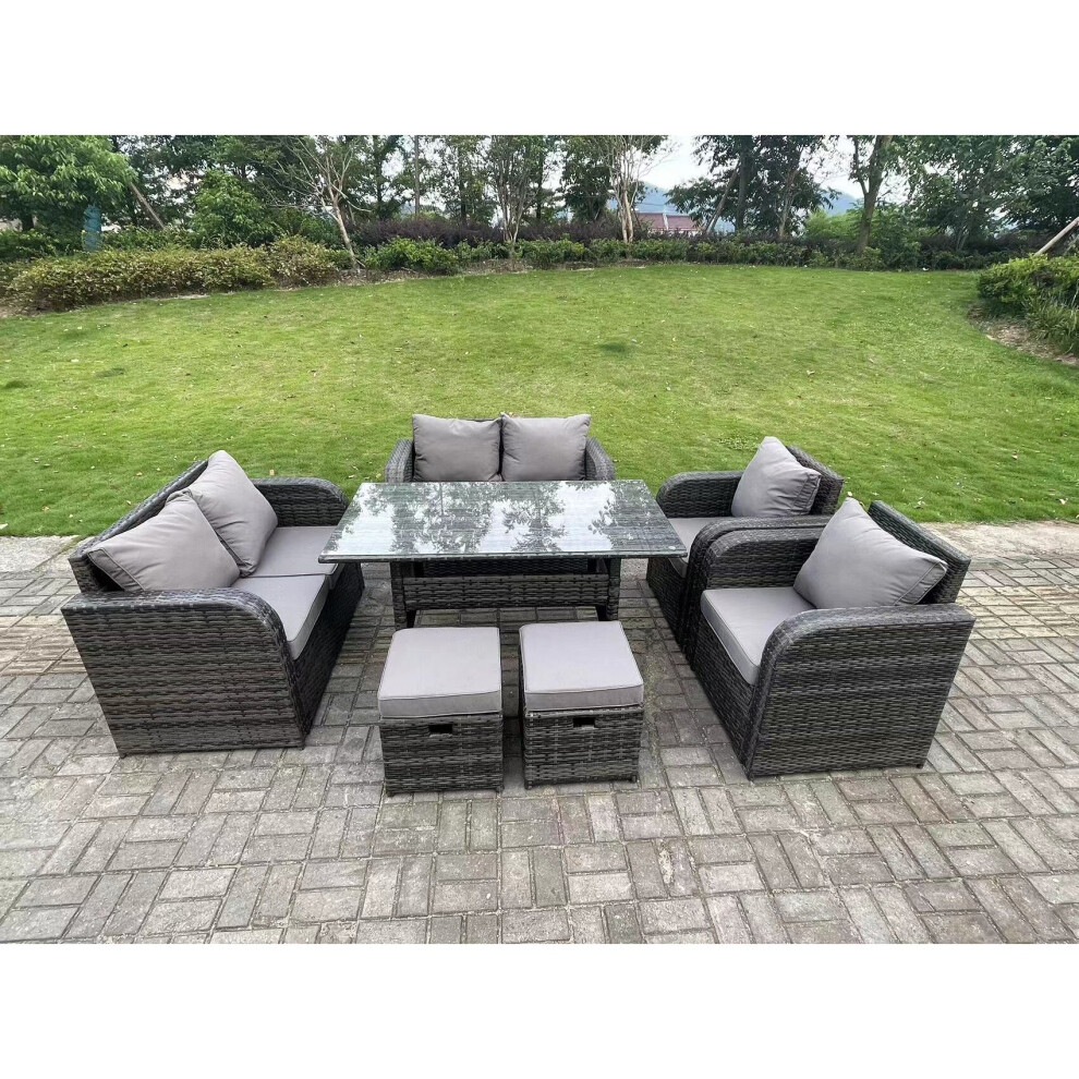 Fimous 8 Seater PE Rattan Garden Furniture Set Reclining Chair 2 Seater Love Sofa Set Outdoor Rectangular Dining Table 2 Stools
