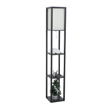 (Black) 3-Tier LED Floor Lamp Wooden Shelf with Storage