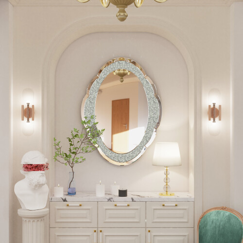 Crystal Crushed Diamond Wall Accent Mirror Bedroom Silver Glass Mirror 1