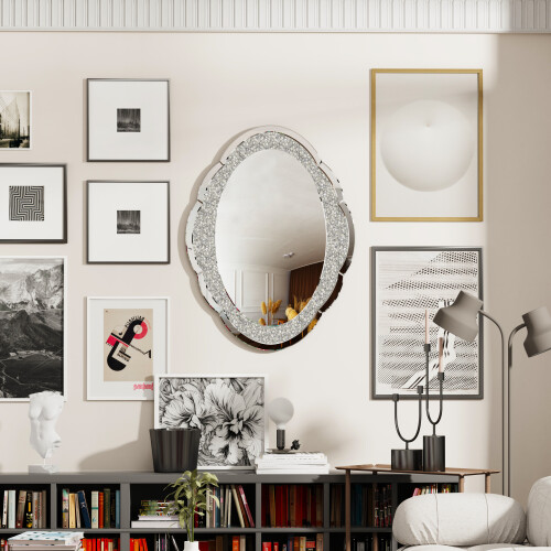 Crystal Crushed Diamond Wall Accent Mirror Bedroom Silver Glass Mirror 2