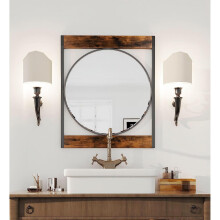Industrial Round Wall Accent Mirror Square Wood Frame