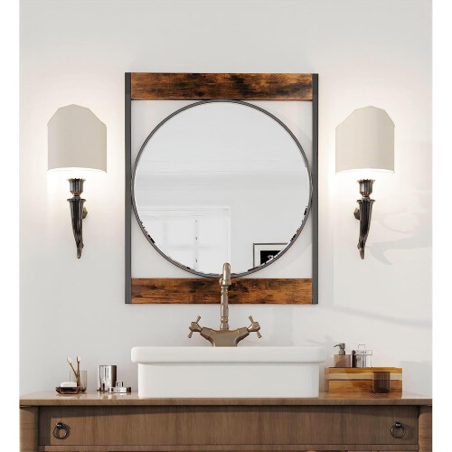 Industrial Round Wall Accent Mirror Square Wood Frame