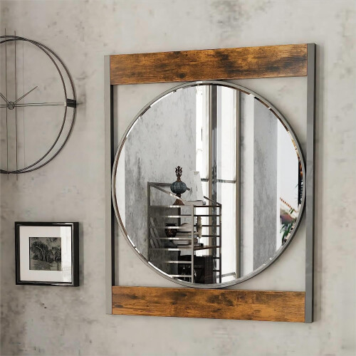 Industrial Round Wall Accent Mirror Square Wood Frame 1