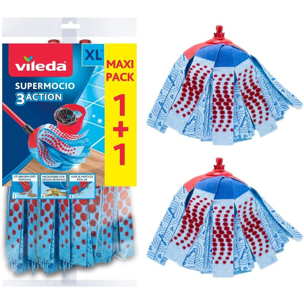 Vileda SuperMocio 3Action XL Mop Refill, Pack of 2 SuperMocio 3 Action Mop Head Replacements, Fits all SuperMocio Mops, Authentic Vileda Mop Head