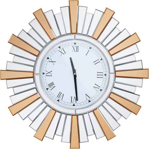 24inch Decorative Round Mirrored Wall Clock with Bling Sunburst Edge