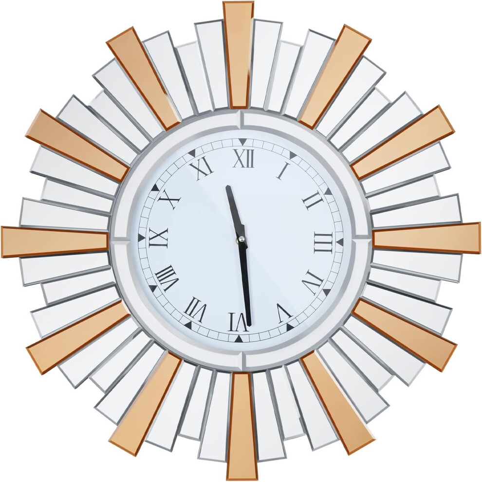 24inch Decorative Round Mirrored Wall Clock with Bling Sunburst Edge