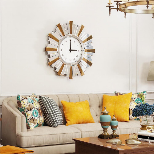 24inch Decorative Round Mirrored Wall Clock with Bling Sunburst Edge 1