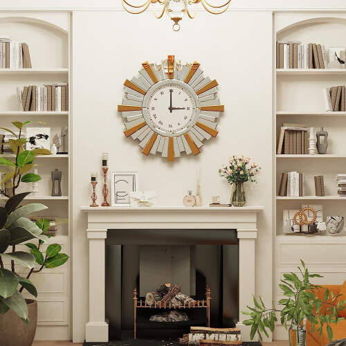 24inch Decorative Round Mirrored Wall Clock with Bling Sunburst Edge 2