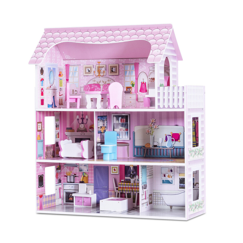 Toddler Wooden DIY Dollhouse Playset Kids 3-Floor Toy Family House