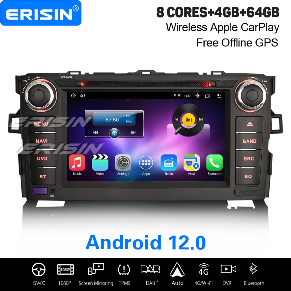 8-Core 4Gb+64Gb Android 12 Car Stereo Toyota Auris Dab+ Radio Satnav Carplay Wifi Bt 5.0 Obd2 Dvb-T 737655236446