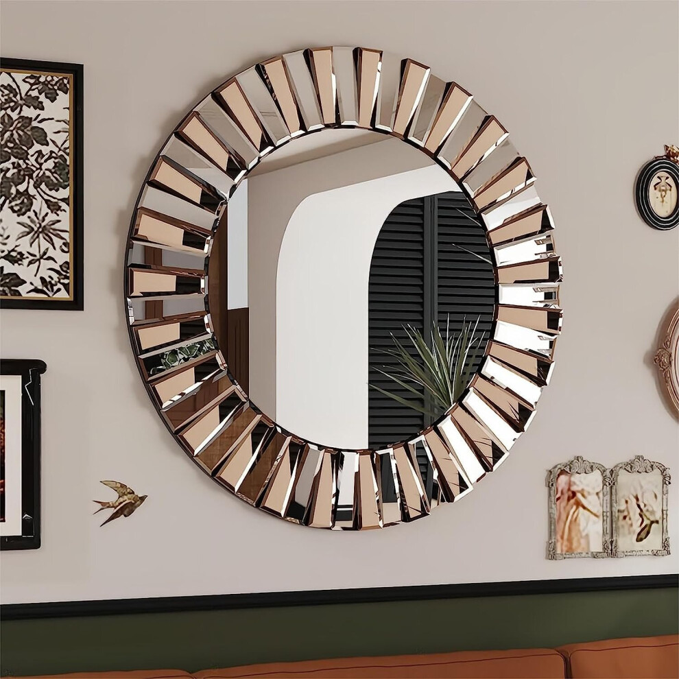 (L (Dia:800mm)) Decorative Silver Glass Vanity Round Wall Mirror with Crystal Edge
