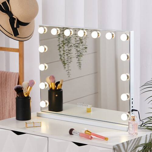 Living And Home Hollywood-Style 15-LED Vanity Mirror with Bluetooth, Dimmable Touch Sensor, USB Charging Port - White 2