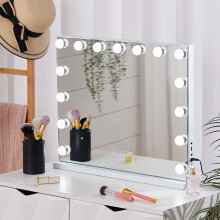 Hollywood-Style 15-LED Vanity Mirror with Bluetooth, Dimmable Touch Sensor, USB Charging Port - White