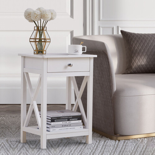 Living And Home Wooden One Drawer Bedside Table Cabinet Side Table White
